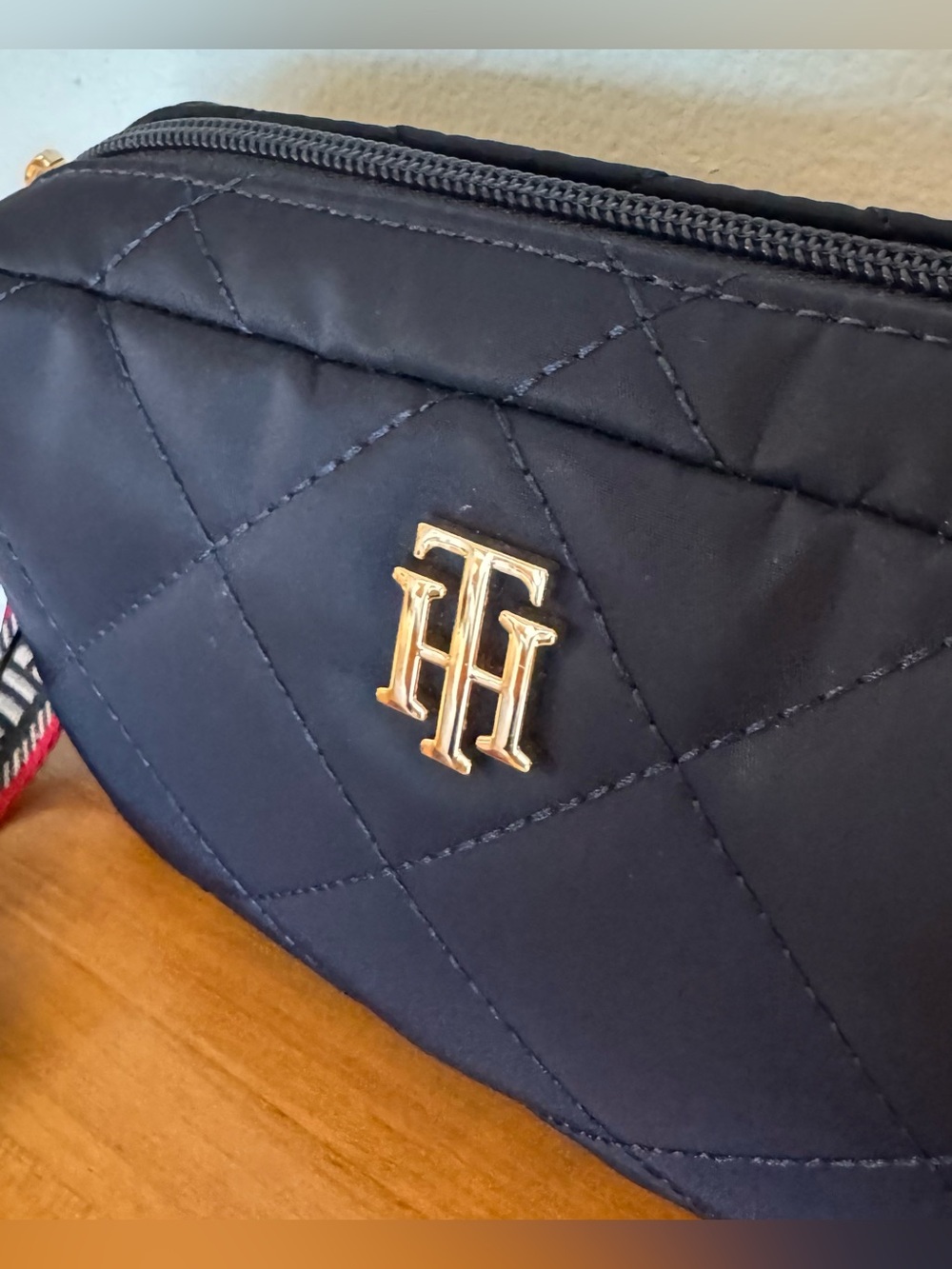 Tommy Hilfiger Quilted Black Cosmetic Pouch with Gold Logo